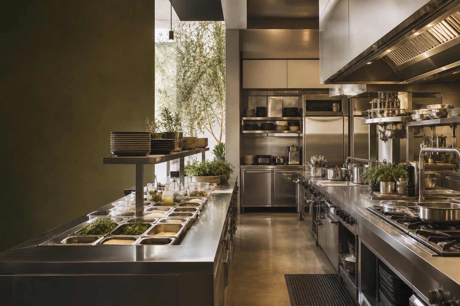 Cozinha profissional editorial, bancada de aço inox e prateleiras organizadas